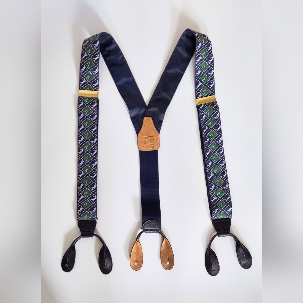 Joseph A Bank Golfer Print Suspenders Blue Green Silk Button Brace Adjustable